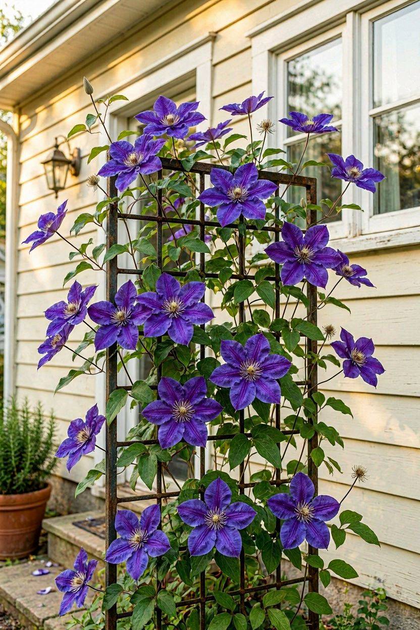 Purple clematis flowers on a metal trellis panel