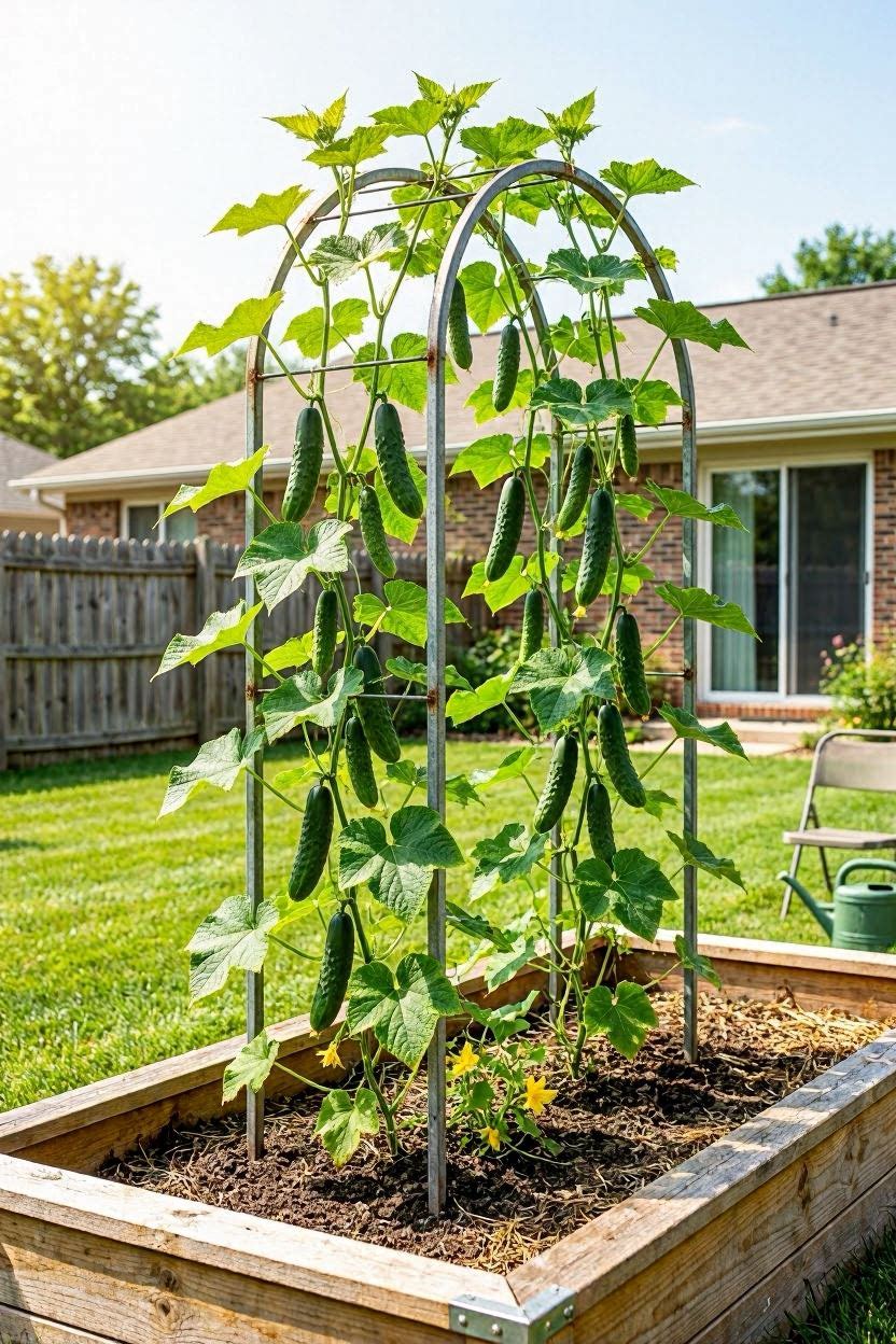 Lush climbing cucumbers growing up a cattle panel trellis arch over a raised garden bed in summer