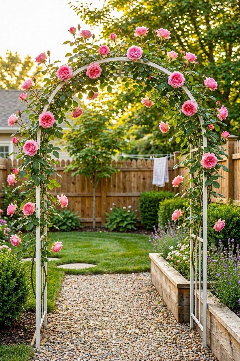 Climbing pink roses covering a white garden arch at the entrance of a backyard