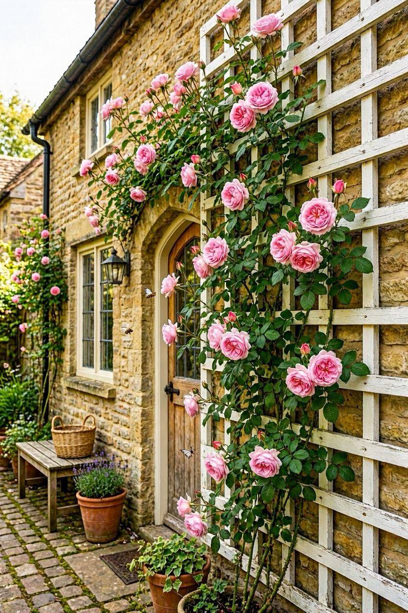 Pink climbing roses trained on a white trellis