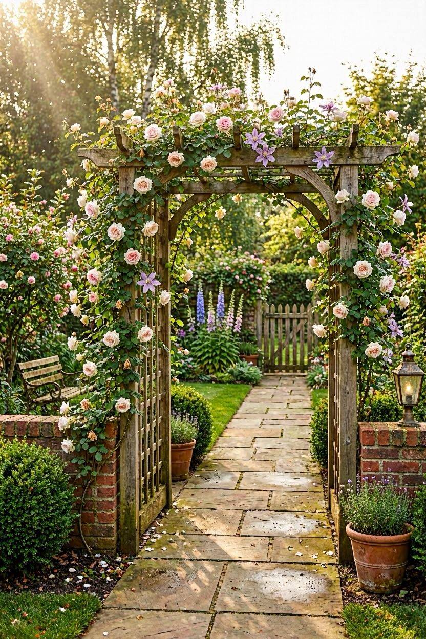 Climbing vine trellis arbor covered in flowering plants