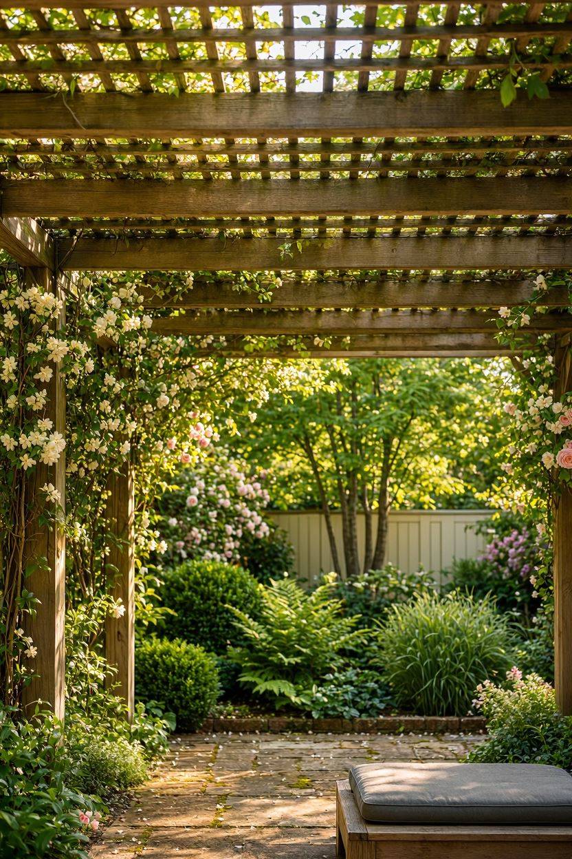 Pergola trellis roof covered with climbing vines and flowering plants