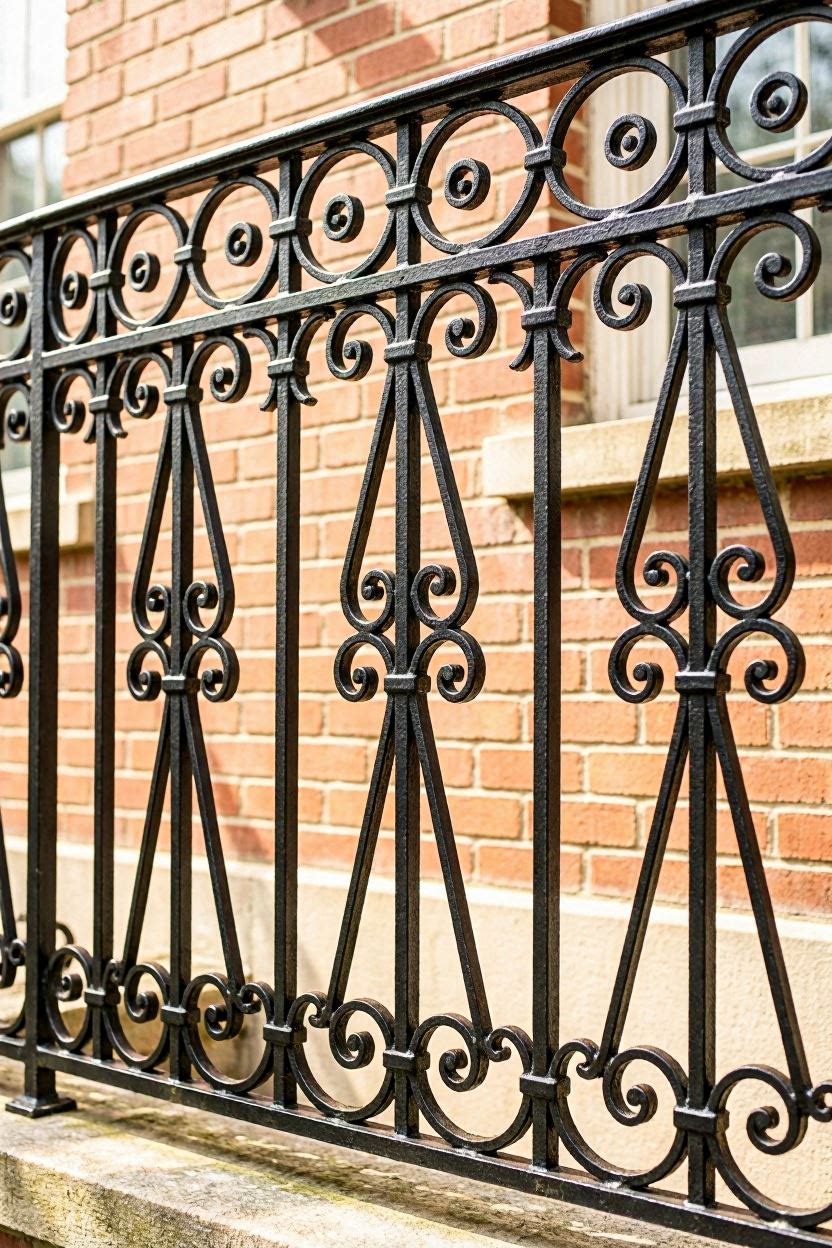 Decorative wrought iron railing with close set balusters for child safety