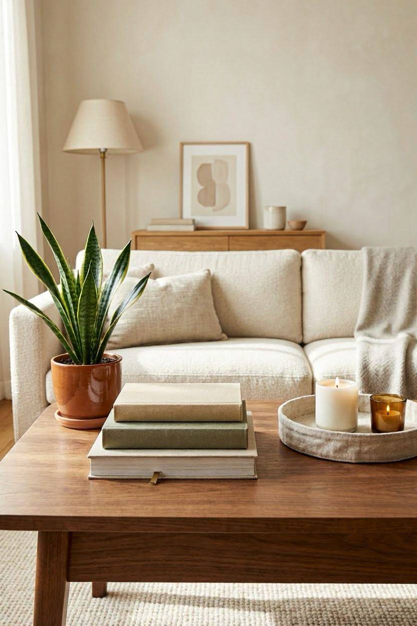 Coffee table styled with books, a tray, and a small decorative object