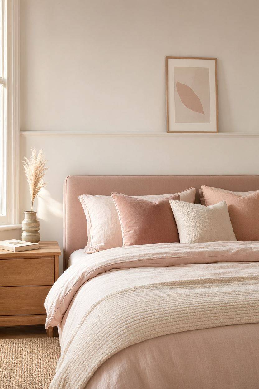 Soft pastel color palette applied to bedroom walls and decor accents