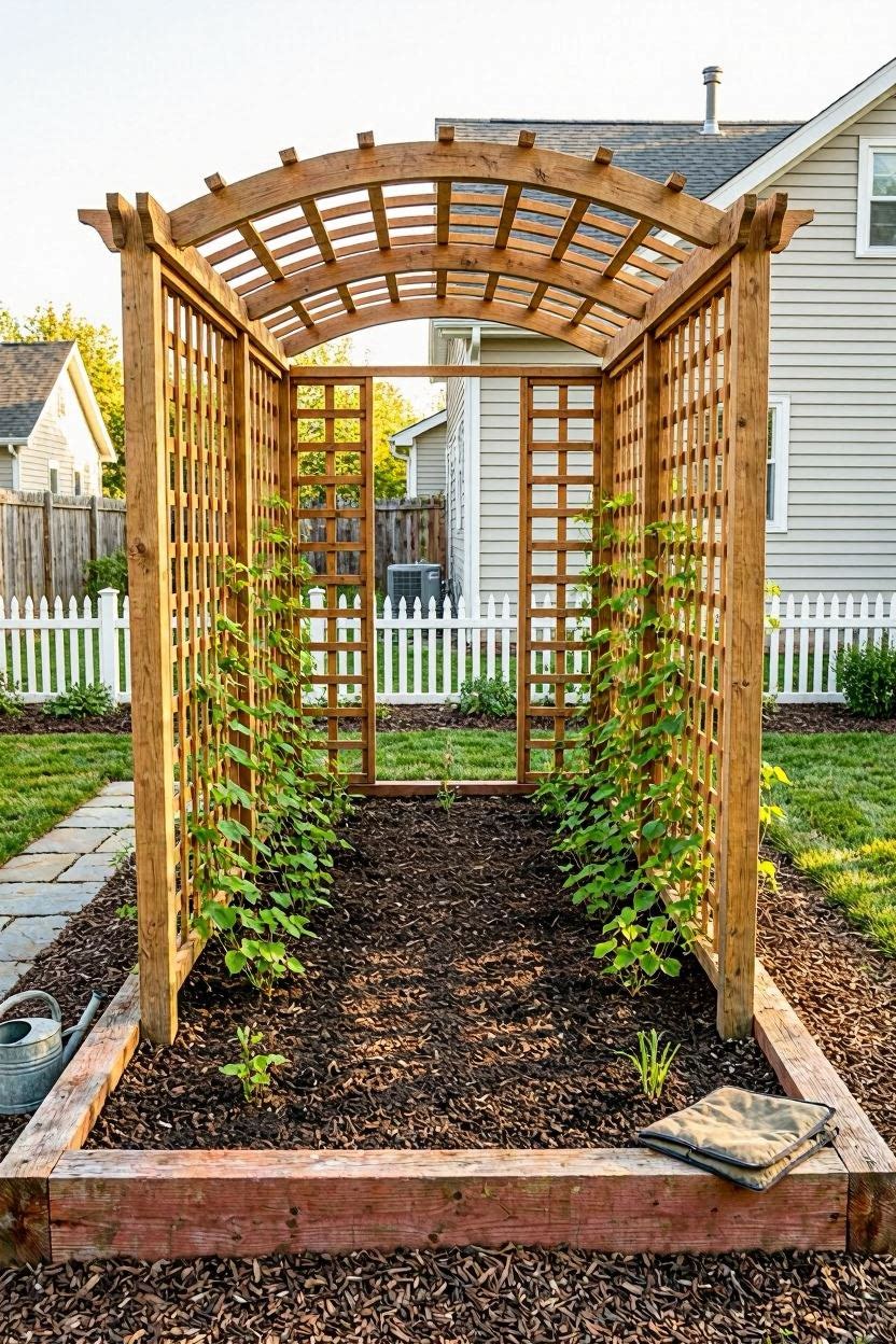 Completed cedar wood trellis arch over a raised garden bed with climbing plants beginning to grow up the lattice