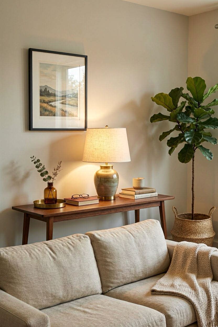 Console table styled behind a sofa with a lamp and decorative tray