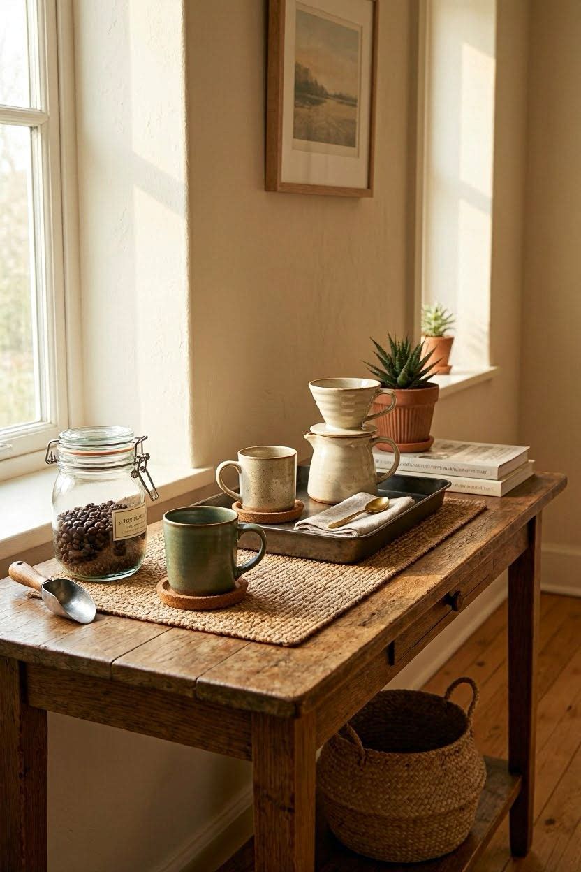 Console table styled as a small coffee and drinks station