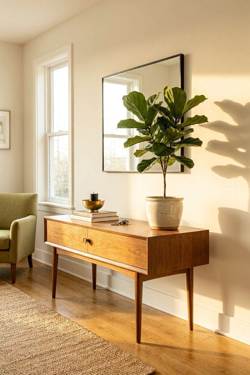 Console table styled with a tall faux plant in a ceramic pot