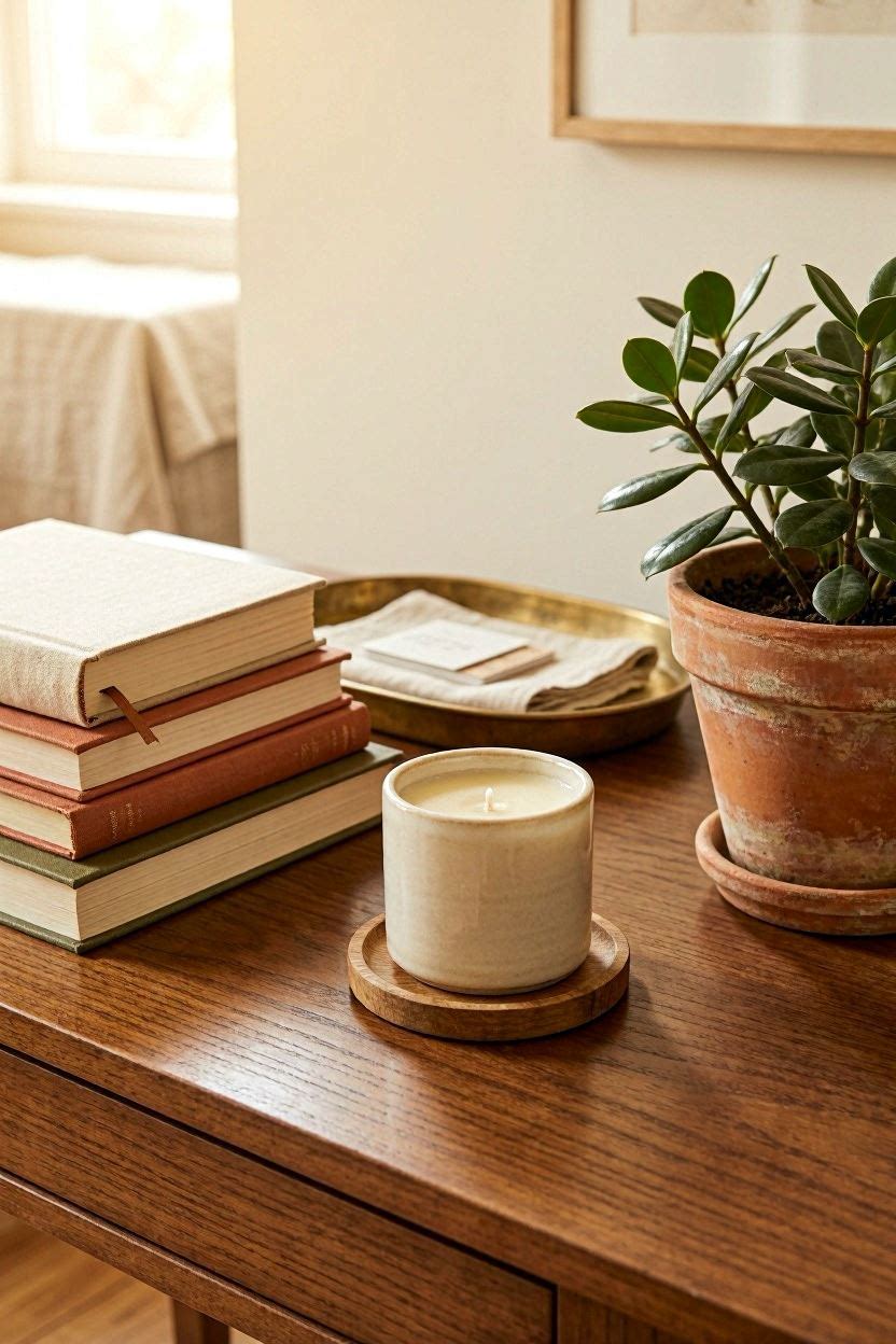 Layered console table decor with stacked books, candle, and small plant