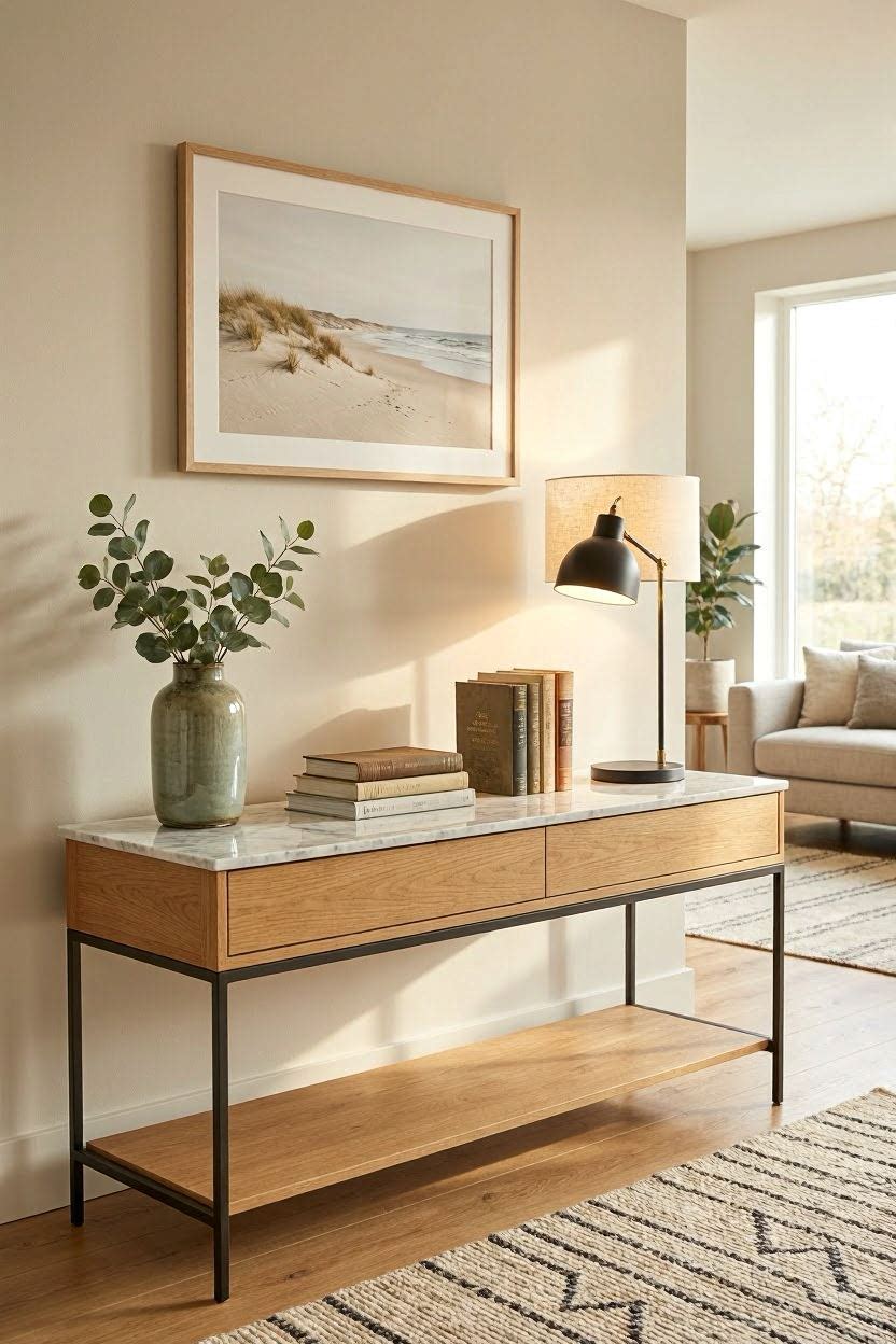 Modern console table styled with lamp, books, and vase in a bright living room