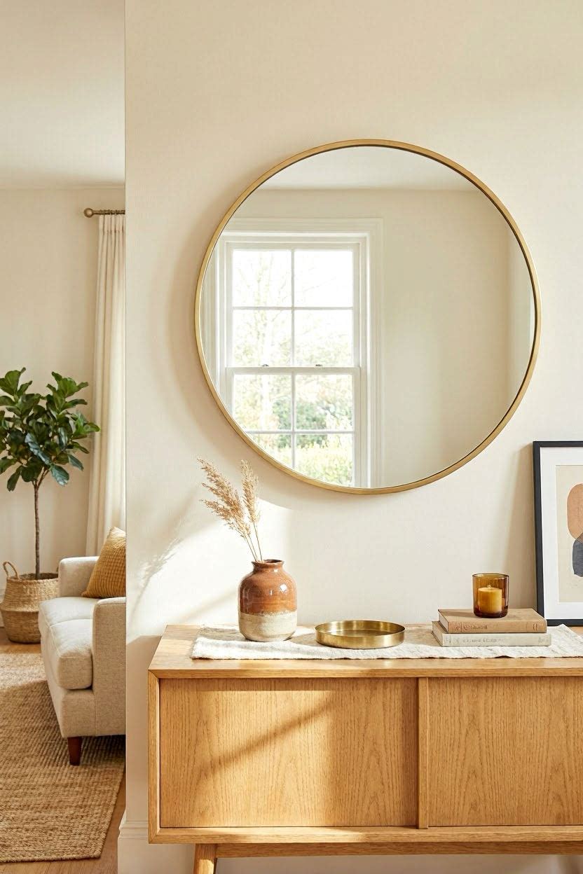Round mirror hung above a console table reflecting living room light