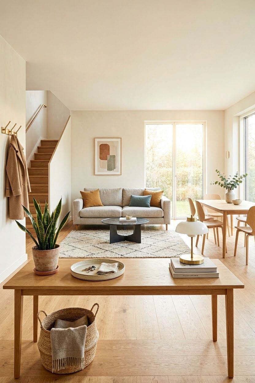 Console table used as a room divider in an open concept living room