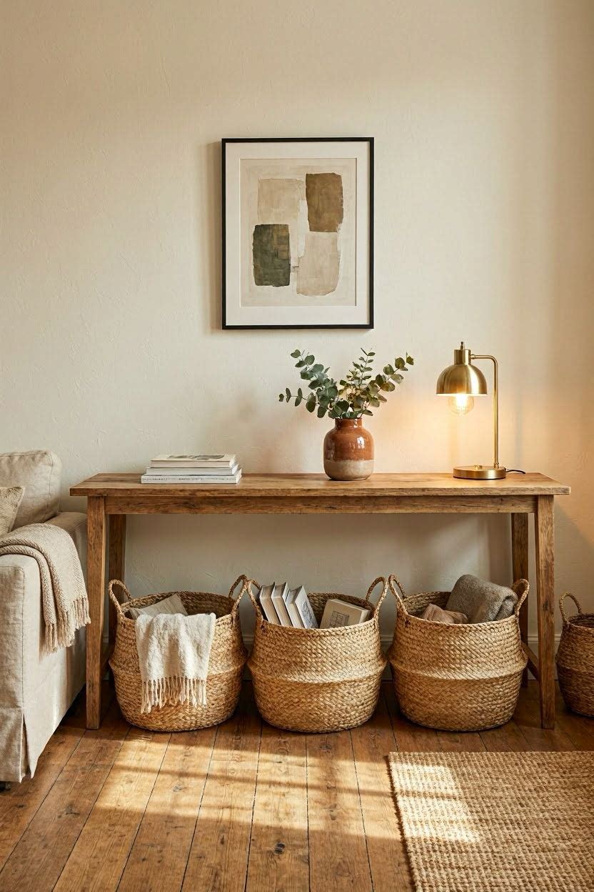 Woven storage baskets placed under a console table in a living room