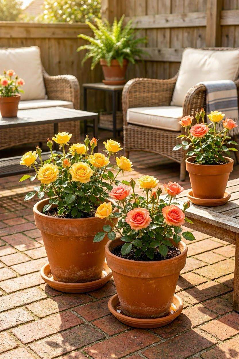 Terracotta pots with yellow and pink miniature roses arranged on a sunny patio