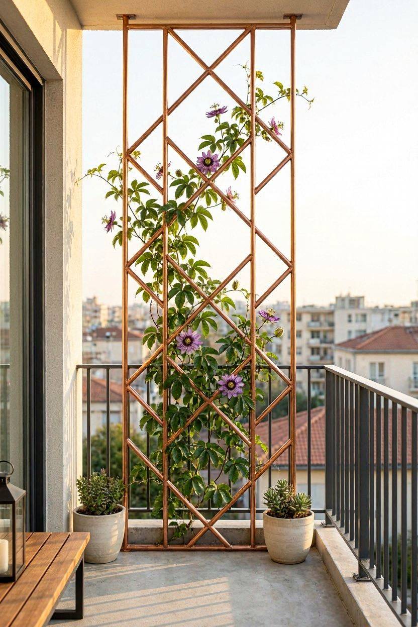 Modern copper pipe trellis with geometric design on a minimalist balcony