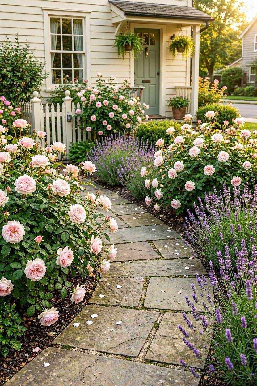 Cottage-style rose garden border with pink and white roses along a garden path