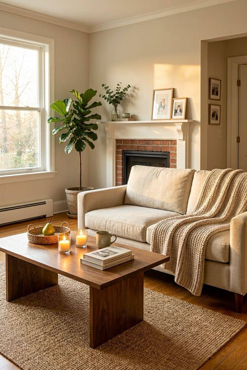 Cozy living room with warm lighting, soft textiles, and natural wood accents