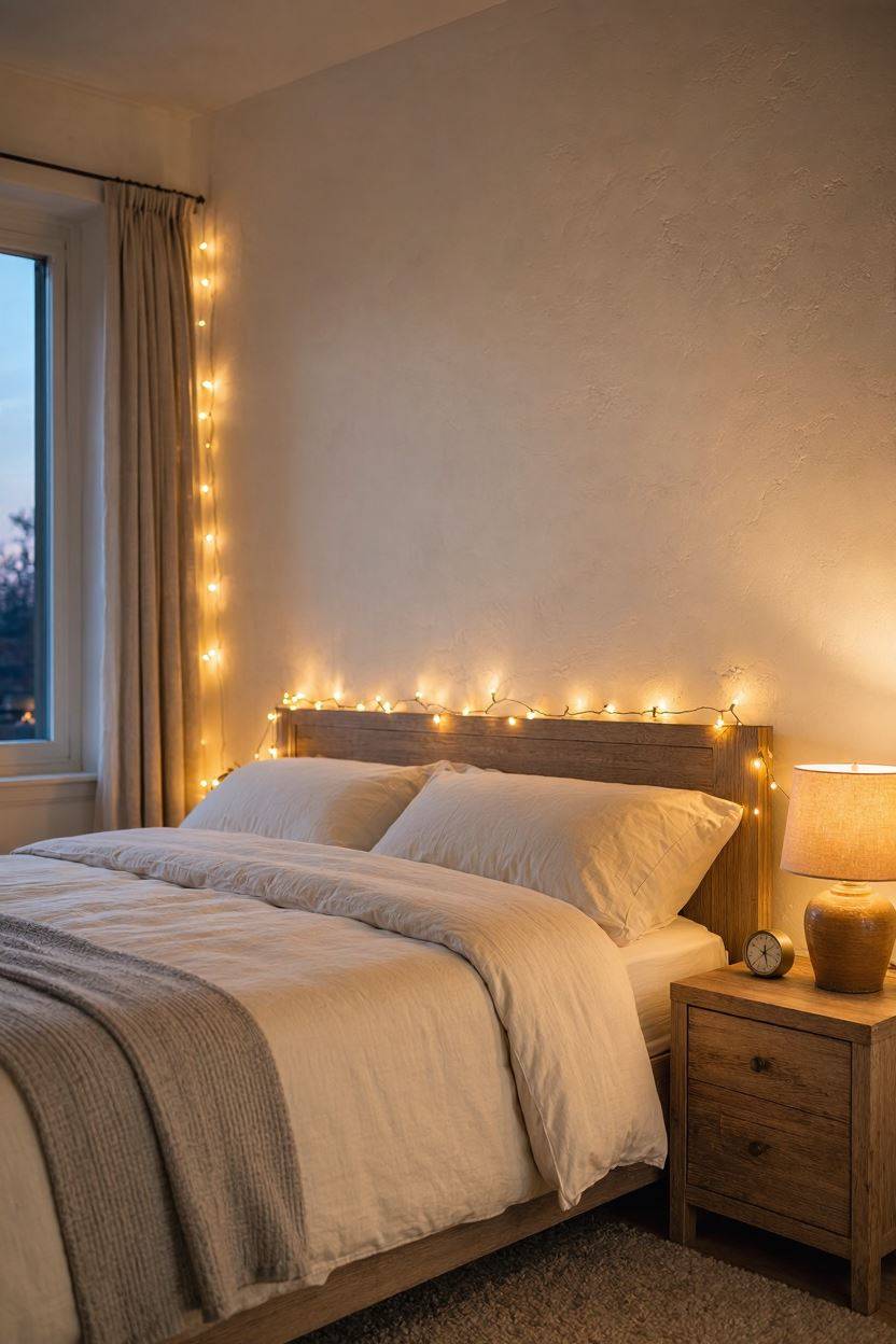 Warm string lights and lamp creating cozy bedroom ambiance