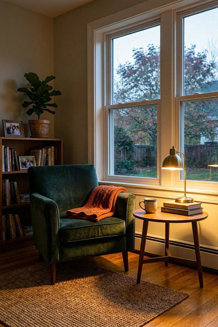 Cozy reading nook with armchair, throw blanket, and warm reading lamp by a window