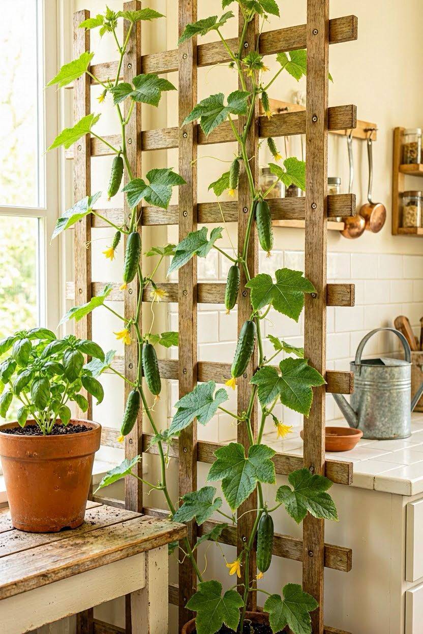 Cucumber vines trained vertically on a wooden trellis