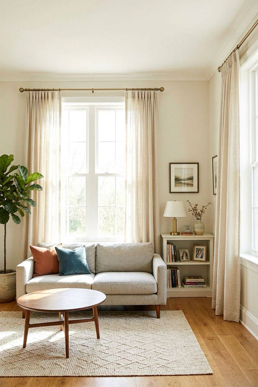 Curtains hung high and wide above a living room window to make the ceiling look taller