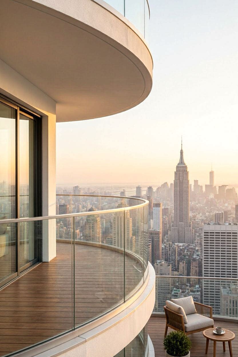 Curved frameless glass balcony railing on high-rise apartment overlooking city skyline