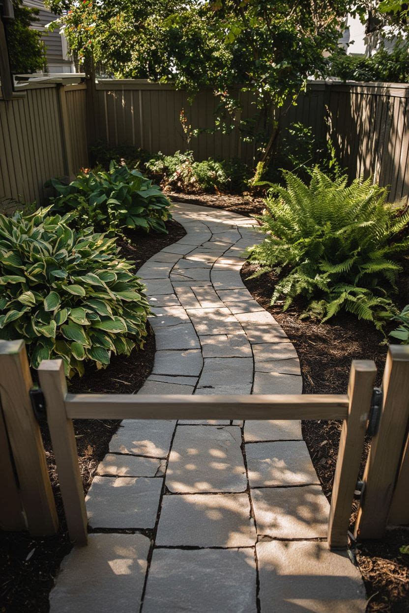A narrow side yard with a curved flagstone path flanked by hostas and ferns, with a simple wooden gate at the entry