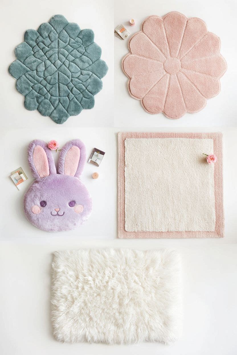 Collage of the cutest bedroom rugs in 2026 — pink scalloped, white shag, bunny-shaped, botanical and bordered styles in dreamy bedroom setups