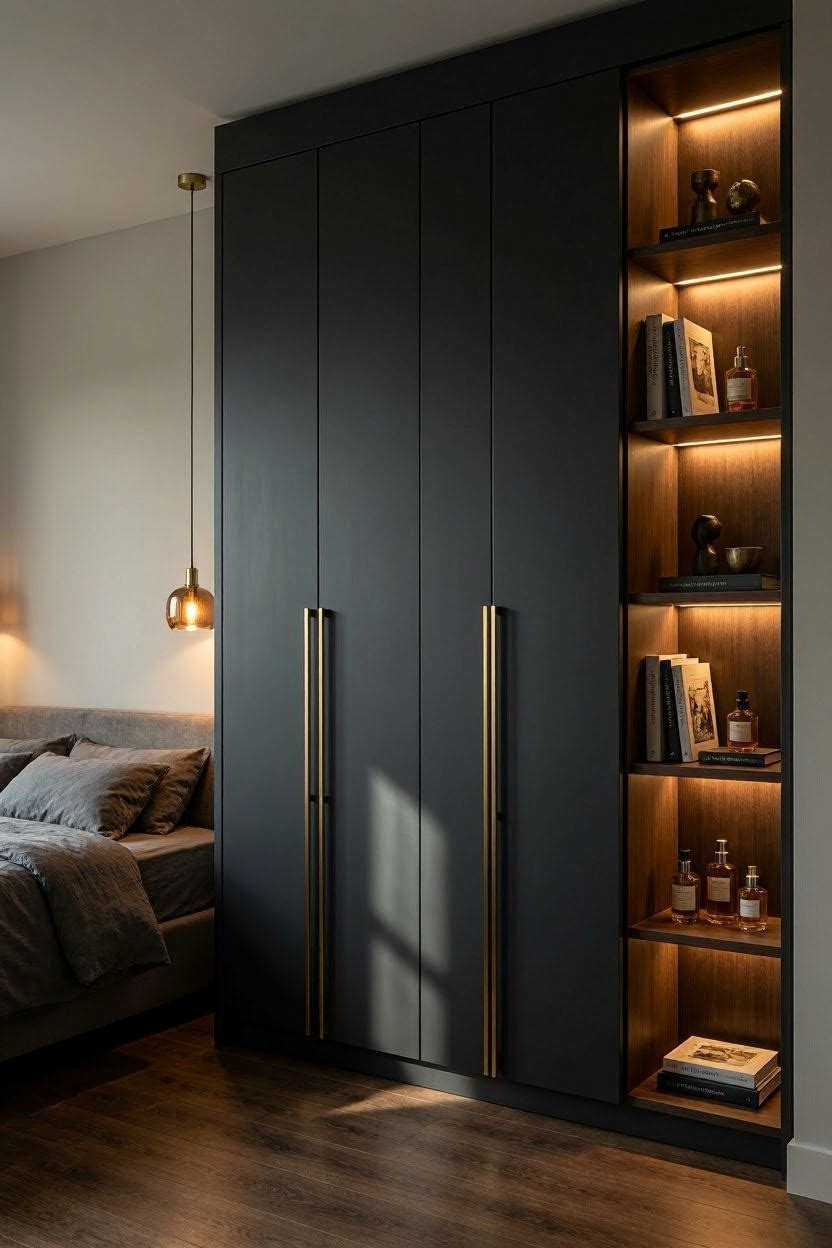 Dark charcoal grey wardrobe with gold vertical handles and open shelf display unit in a moody bedroom