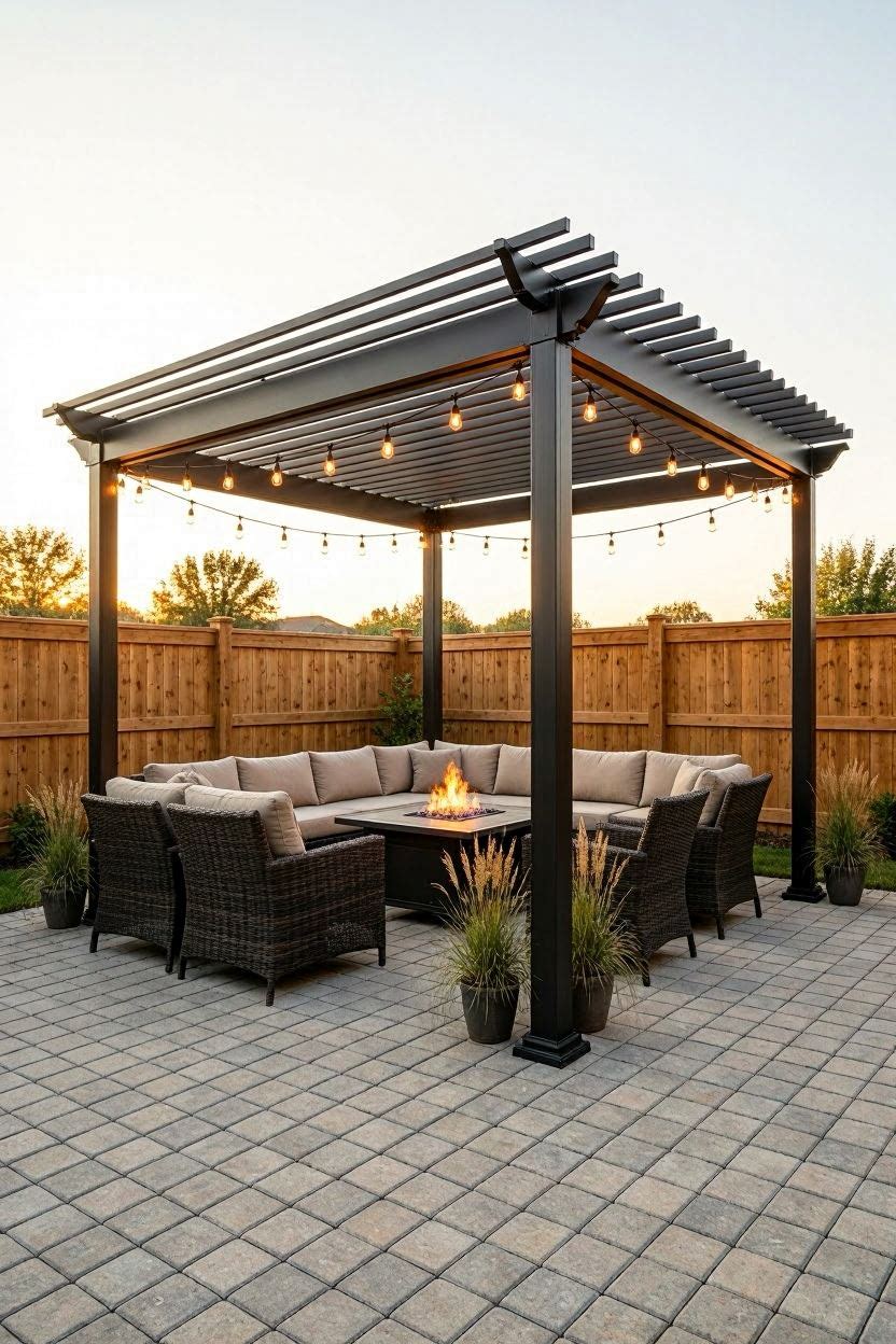 Modern dark metal pergola with horizontal slat panels, string lights, and wicker chairs around a square gas fire pit table on a paver patio at golden hour