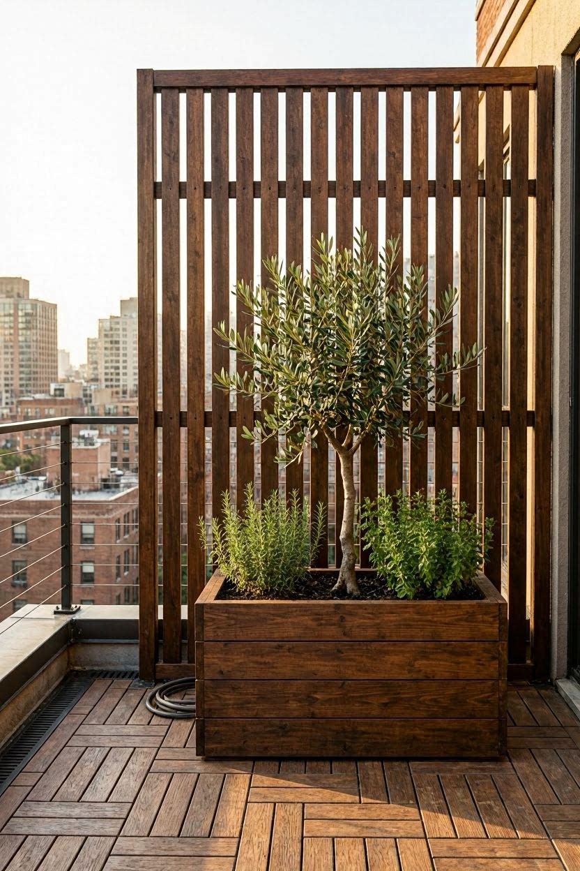 Dark stained vertical wood slat privacy screen with planter box on rooftop balcony city view