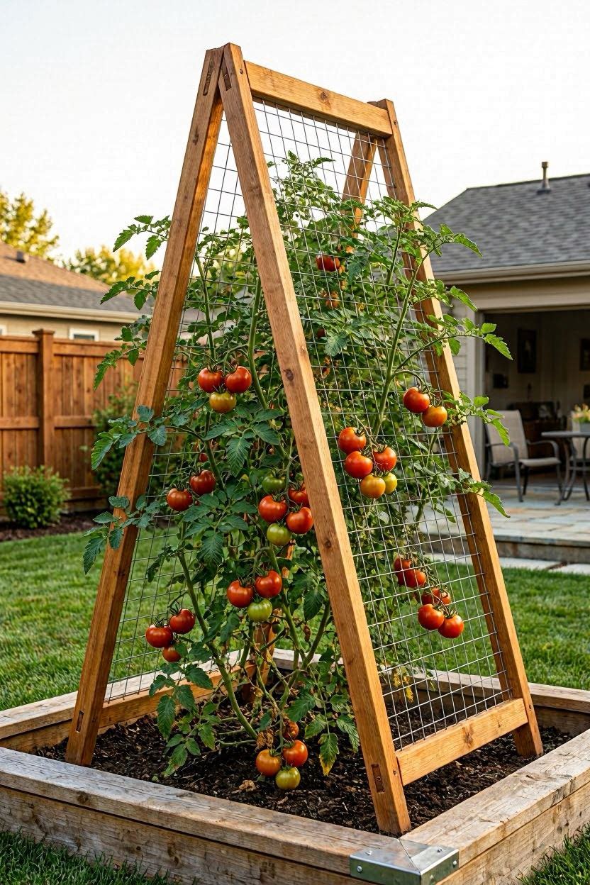 DIY cedar A-frame tomato trellis with wire mesh panels standing in a raised garden bed with tomato plants growing up it