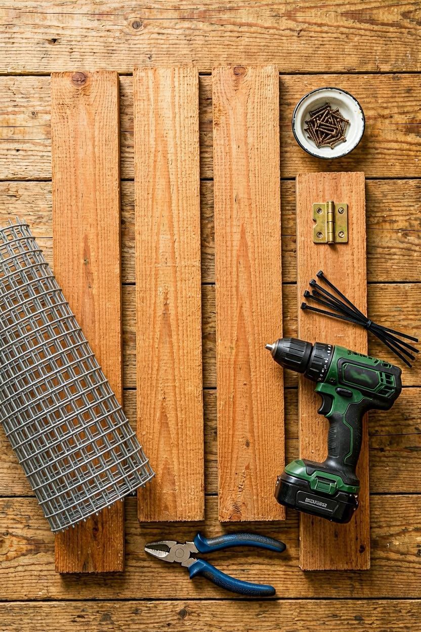 Step-by-step overhead flat lay showing tools and lumber needed to build a DIY A-frame pumpkin trellis