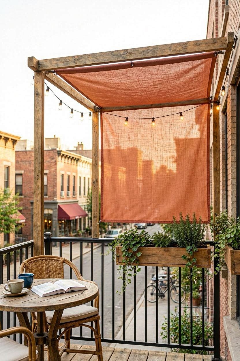 DIY-inspired balcony canopy design concept using wooden frame and fabric panels