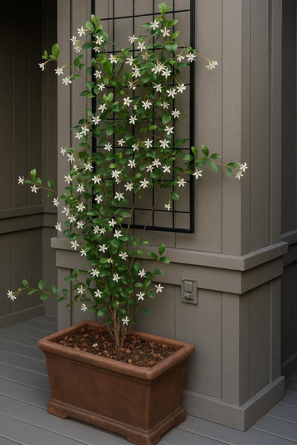 DIY wooden obelisk trellis assembled for climbing jasmine in garden bed
