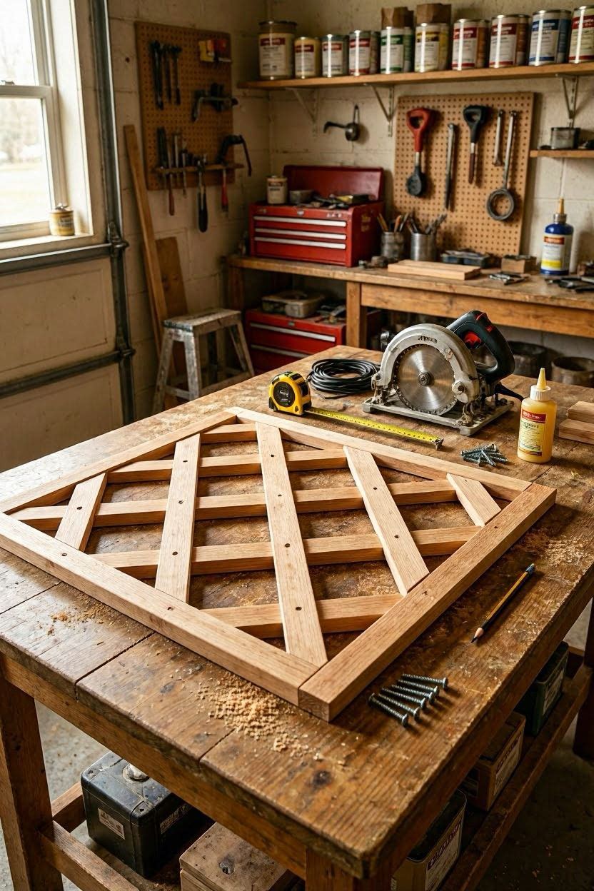 Step-by-step wood trellis panel build with tools on workbench