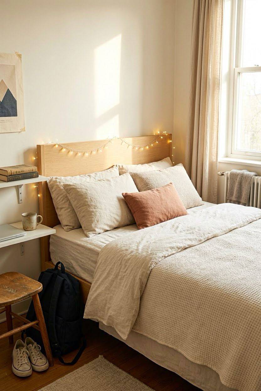 Cozy neutral dorm bed with fairy lights and layered bedding as hero inspiration for dorm room decor