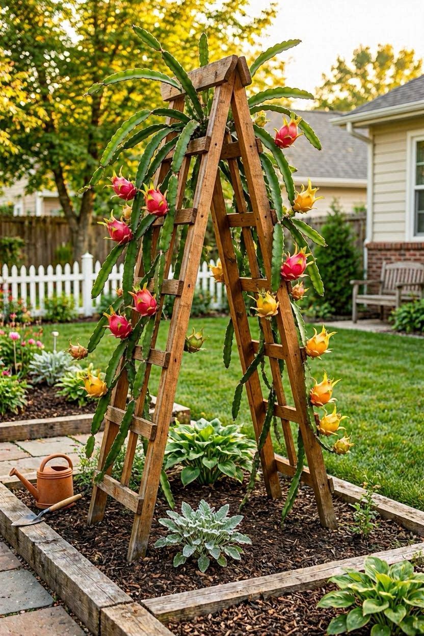 Dragon fruit growing on a wooden A-frame trellis structure in a backyard garden