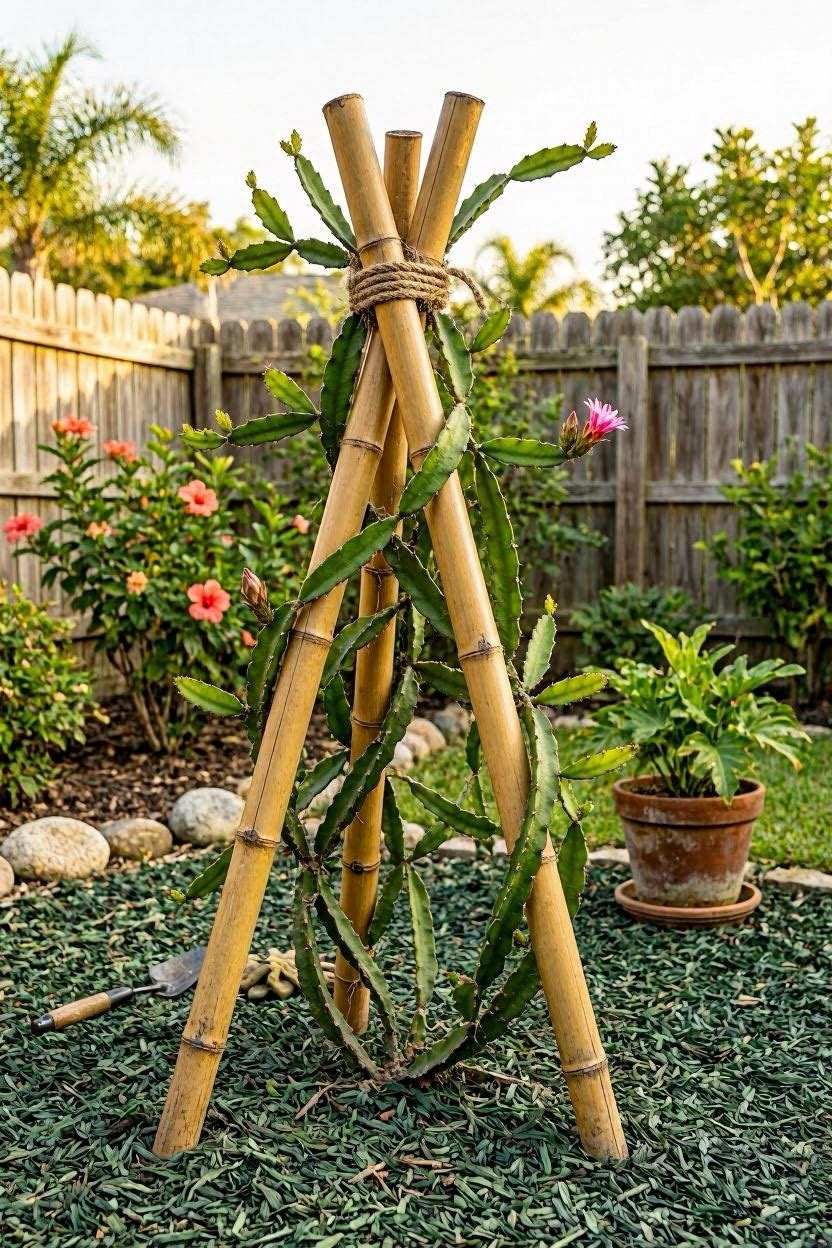 Dragon fruit cactus tied to a bamboo tripod trellis structure in a tropical garden