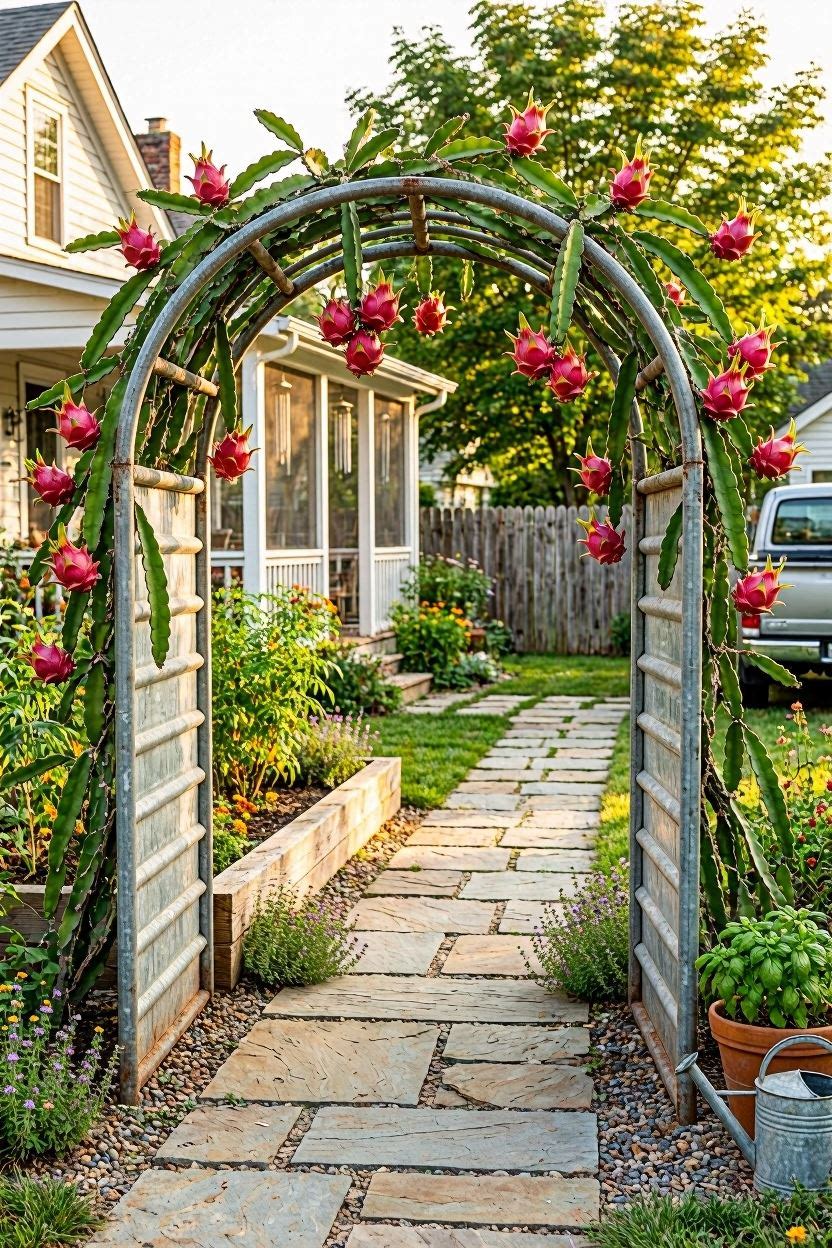 Dragon fruit growing over a curved cattle panel arch in a large backyard garden