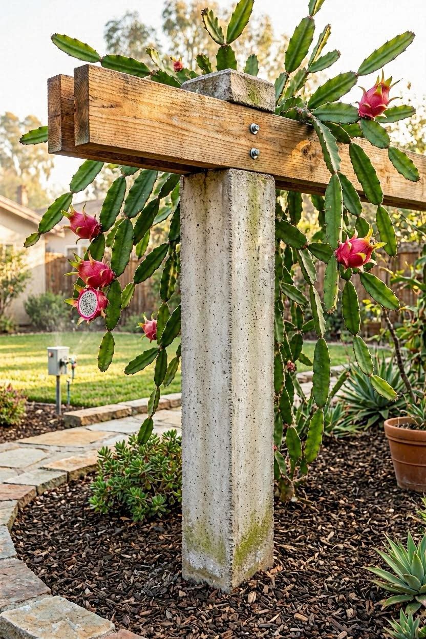 Dragon fruit trained on a concrete post with a wooden cross-arm at the top