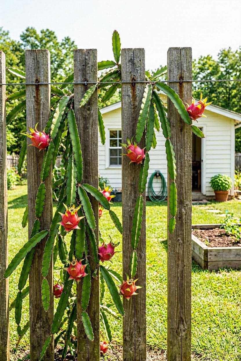 Row of wooden posts connected by horizontal wire supporting multiple dragon fruit plants