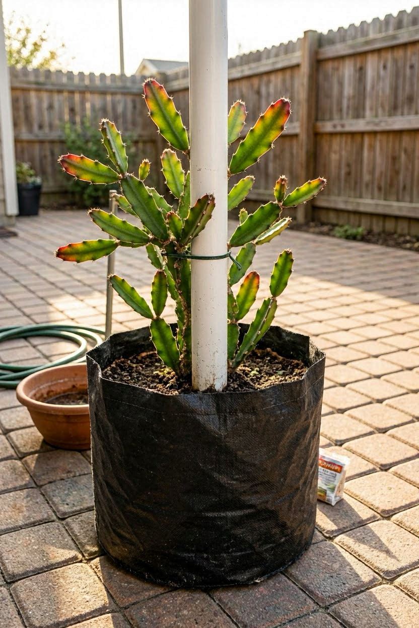 Dragon fruit cactus growing up a white PVC pipe post in a container garden