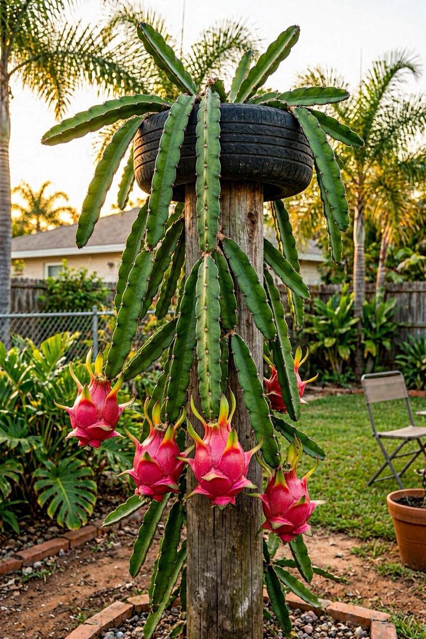 Dragon fruit cactus growing on a tall wooden post trellis in a sunny backyard