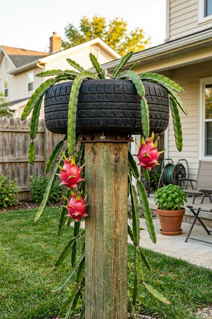 Dragon fruit growing over a car tire mounted on top of a wooden post