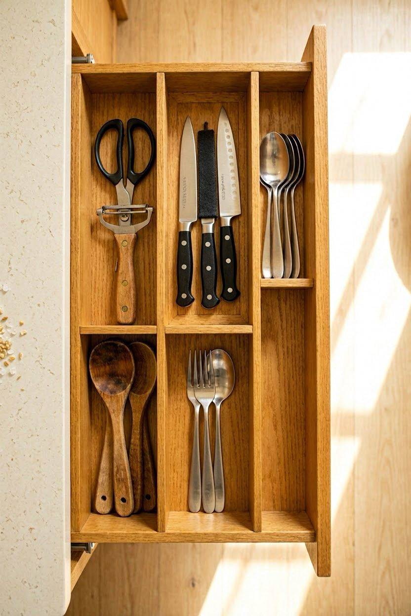 Drawer with dividers organizing kitchen utensils neatly