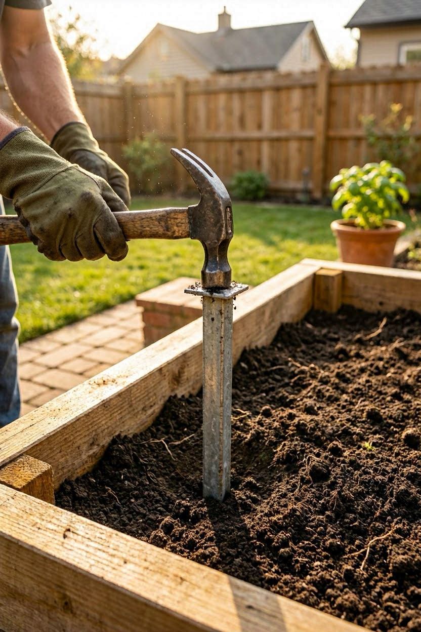 Driving T-posts into a raised garden bed to anchor a cattle panel trellis arch