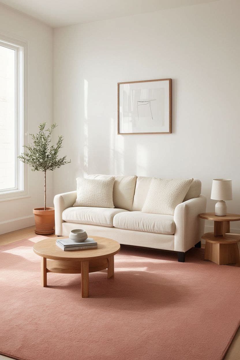 Solid dusty rose pink rug in a minimalist Japandi living room with cream sofa and wood accents