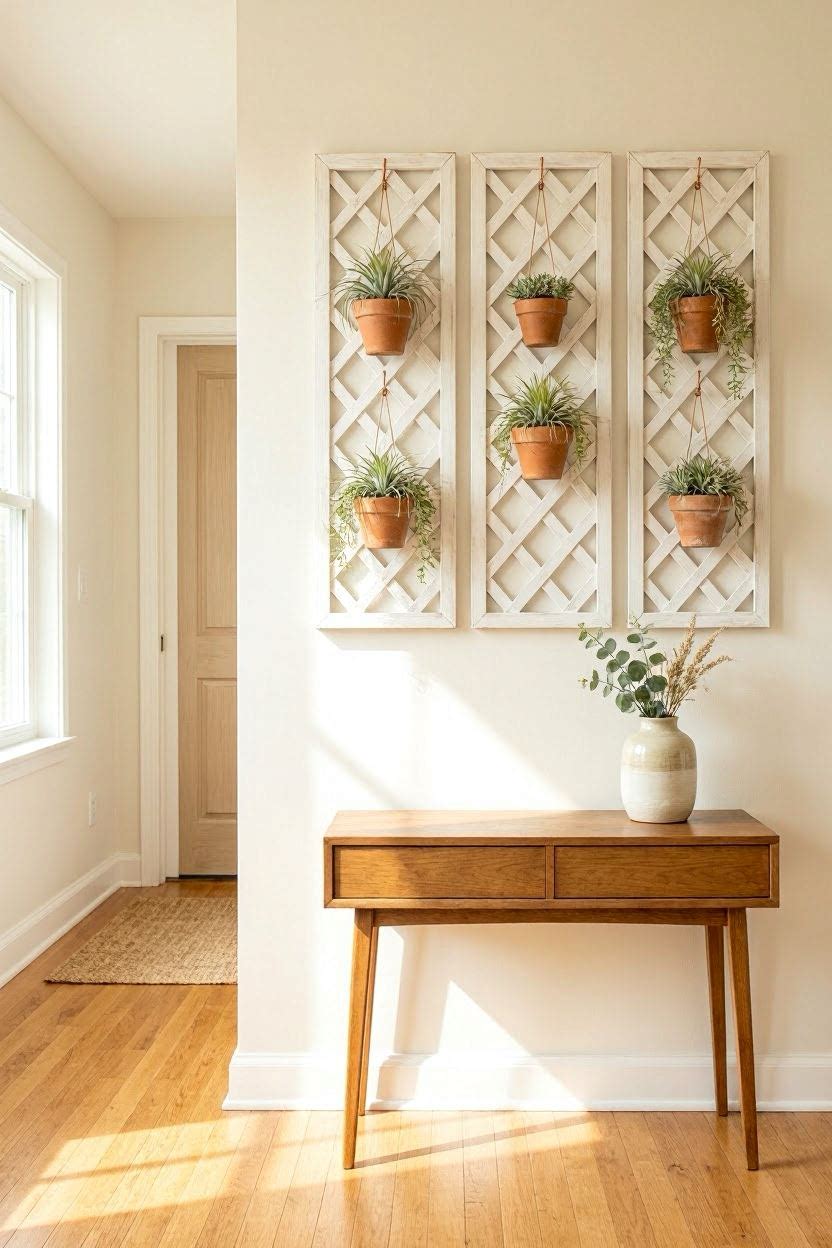 Entryway trellis panel plant wall with succulents and air plants